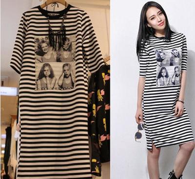 歐洲站2015春夏新款 歐貨時尚氣質釘珠美女圖經典條紋長T連